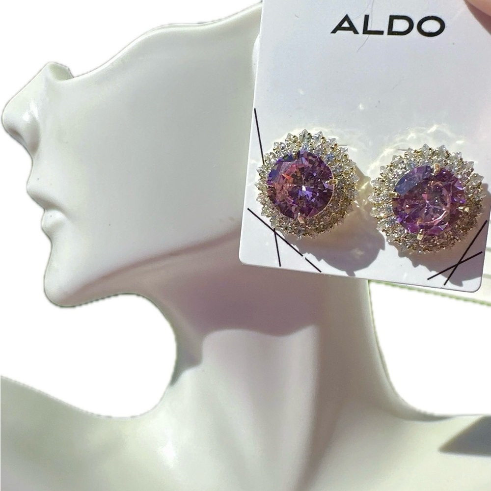 ALDO Pink crystal diamond paved Stud Earrings gold tone